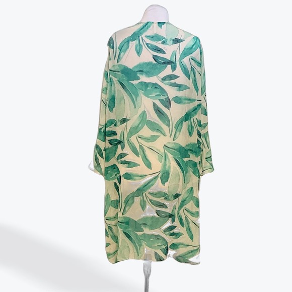 Cato Womens Green Tropical Leaf Print Tie Front Kimono Bell Sleeve Cardigan L - Picture 2 of 7